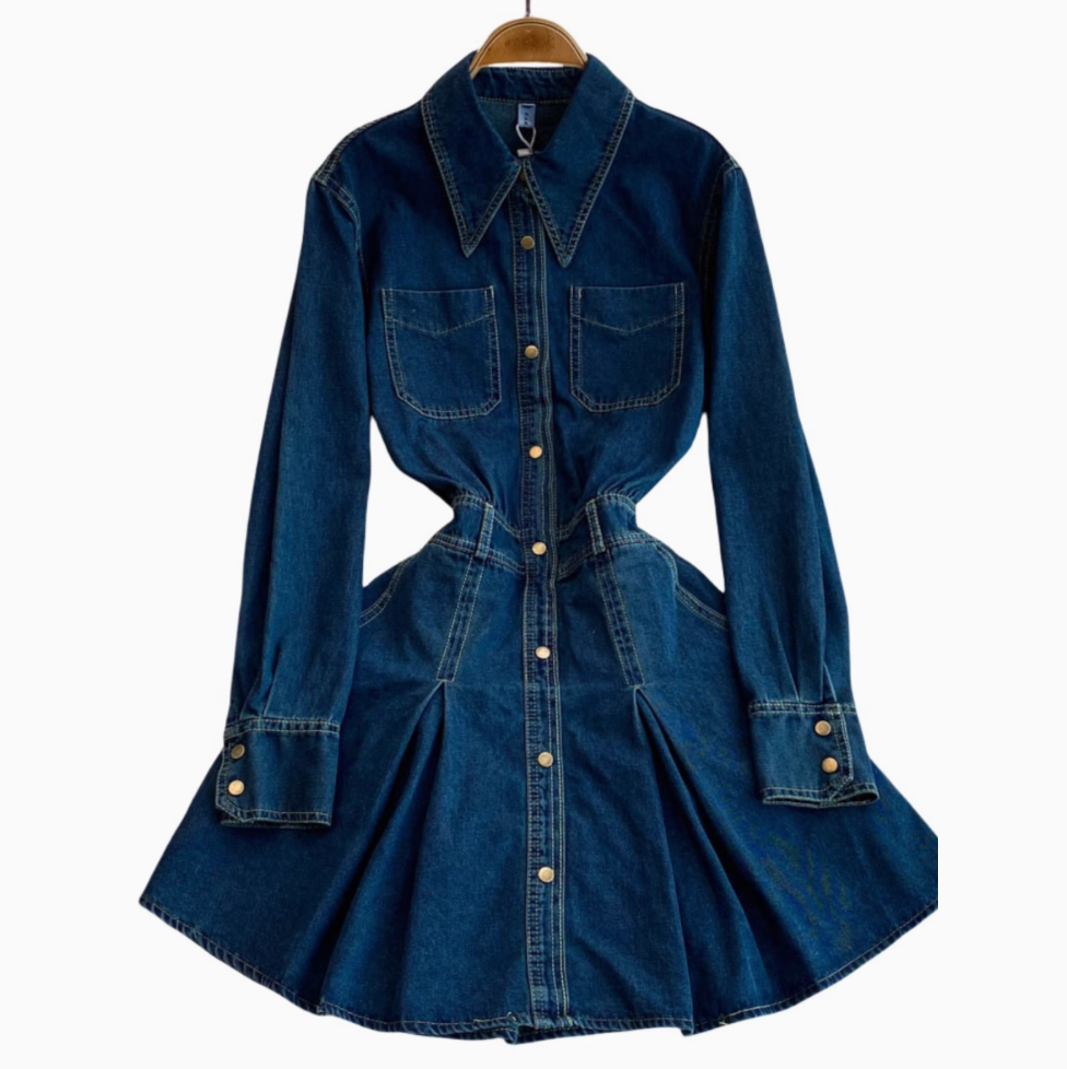 Pointed Collar Denim Pleated Dress