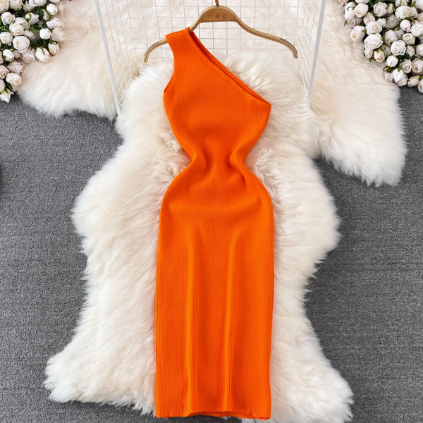 Slant Neckline Slim-fit Knitted Dress