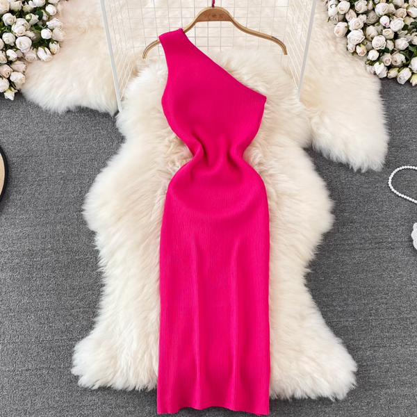 Slant Neckline Slim-fit Knitted Dress