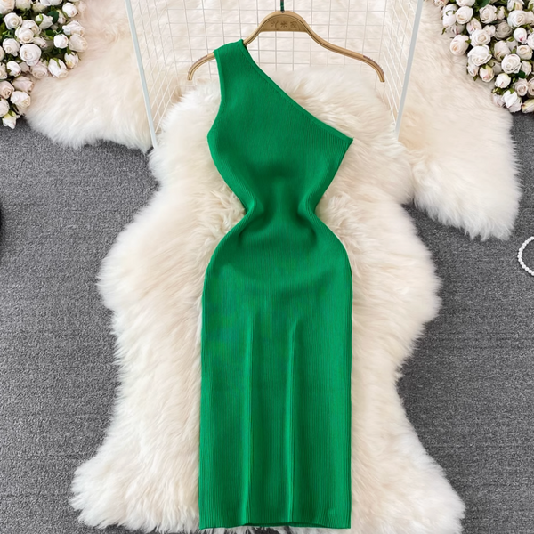 Slant Neckline Slim-fit Knitted Dress