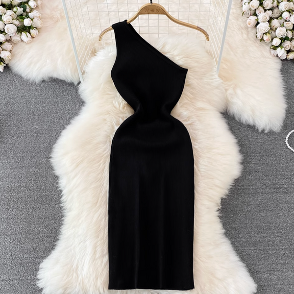Slant Neckline Slim-fit Knitted Dress