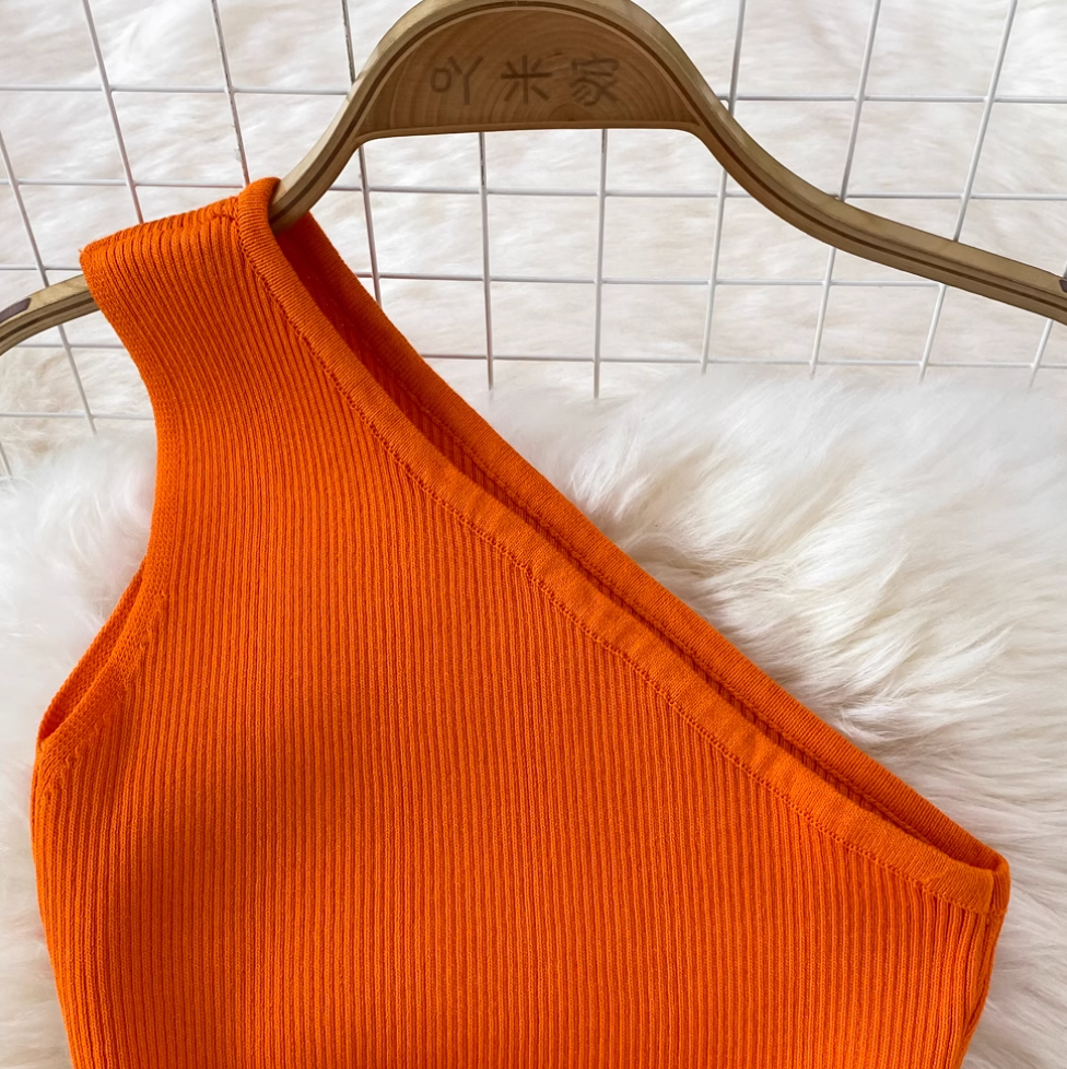 Slant Neckline Slim-fit Knitted Dress