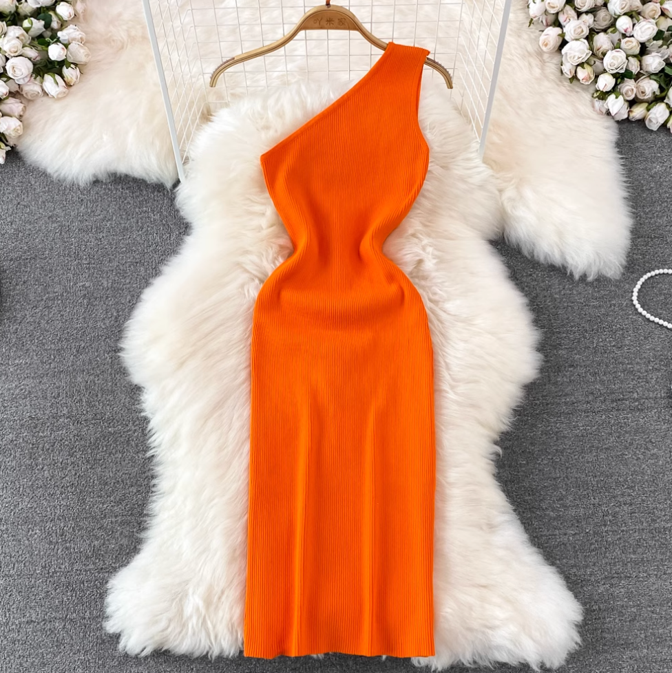 Slant Neckline Slim-fit Knitted Dress