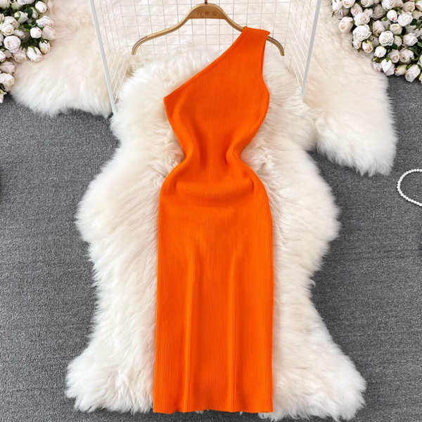 Slant Neckline Slim-fit Knitted Dress