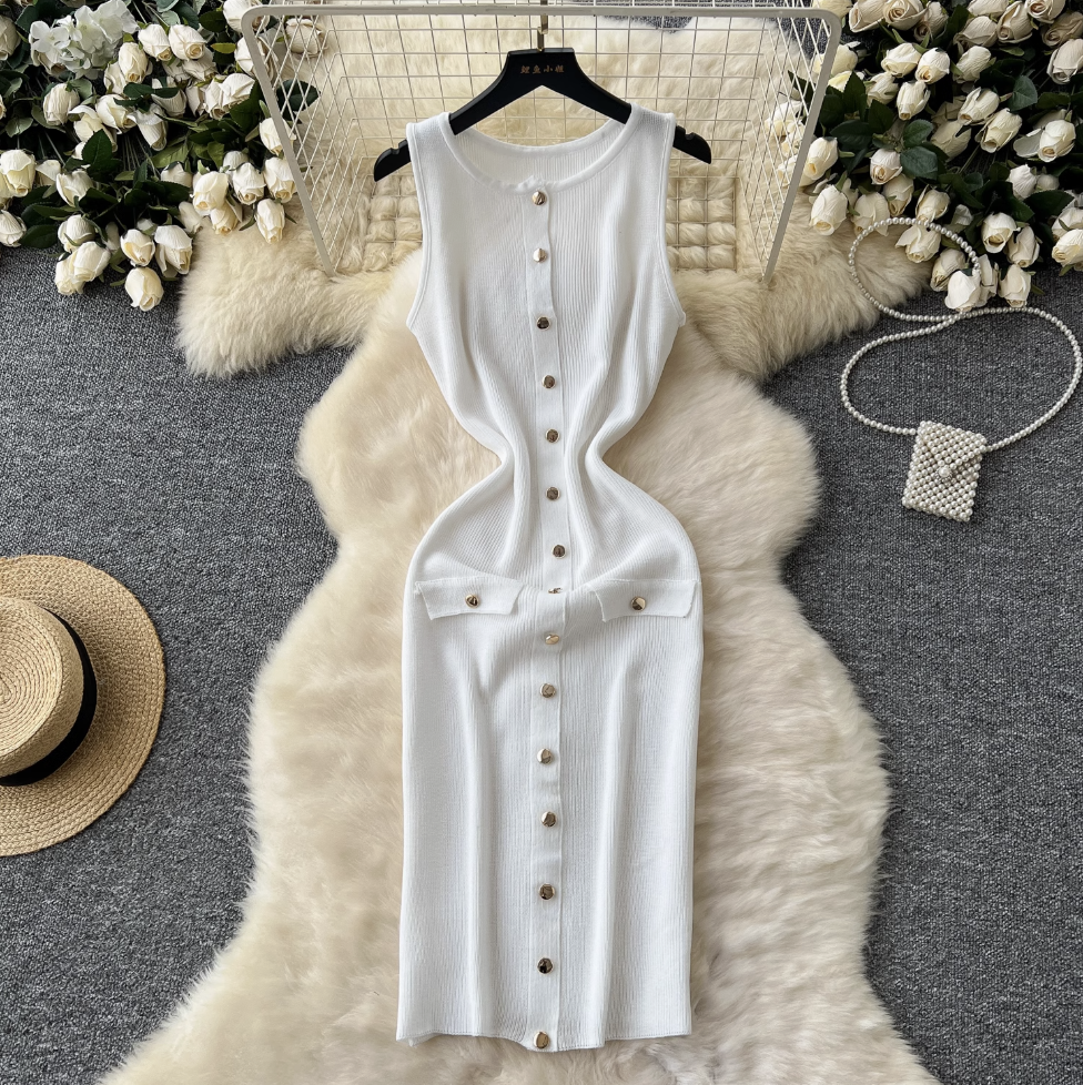 Round Collar Sleeveless Cardigan Dress