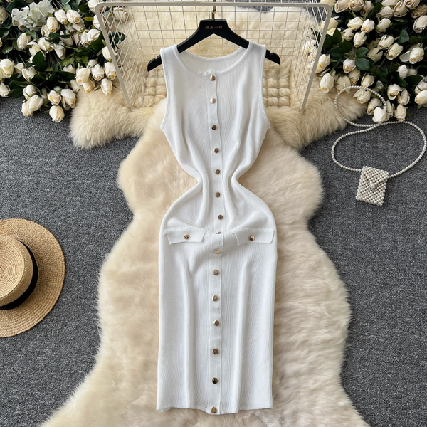 Round Collar Sleeveless Cardigan Dress