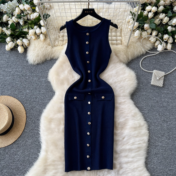 Round Collar Sleeveless Cardigan Dress