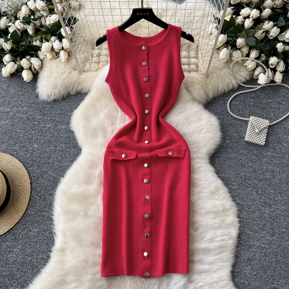 Round Collar Sleeveless Cardigan Dress