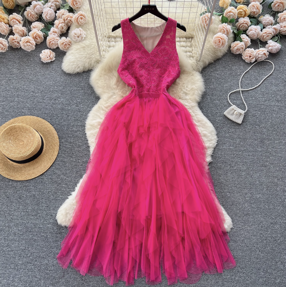 Niche V-neck Lace Patchwork Vest Dress