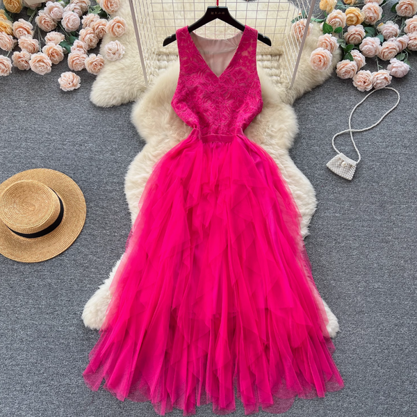 Niche V-neck Lace Patchwork Vest Dress