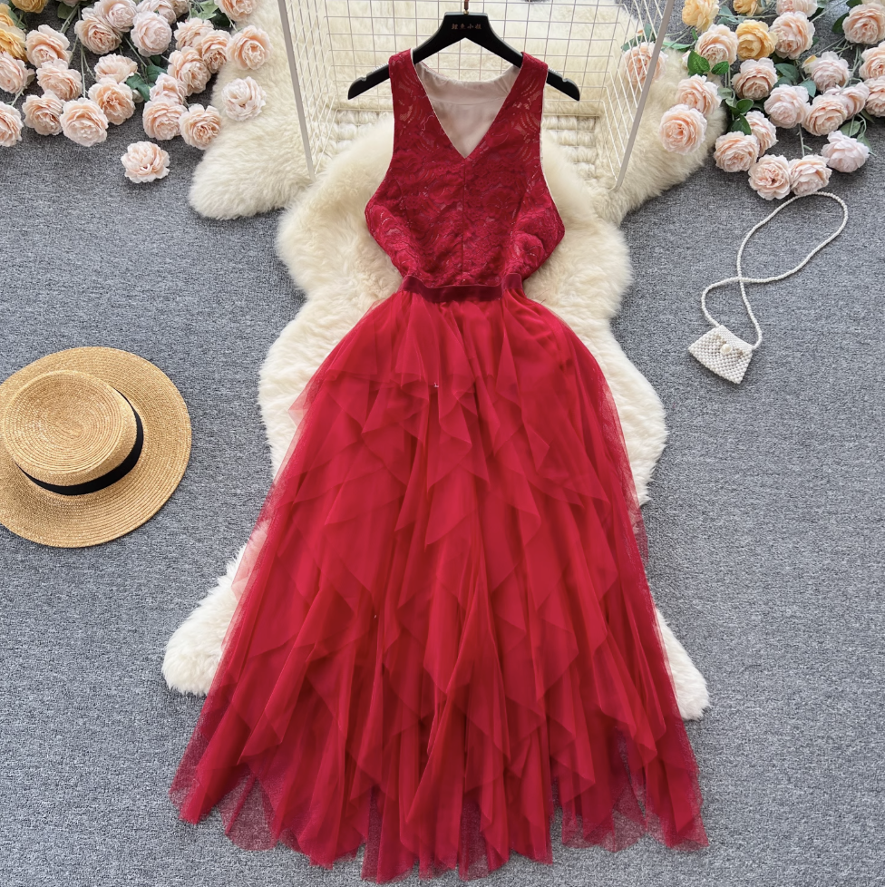 Niche V-neck Lace Patchwork Vest Dress