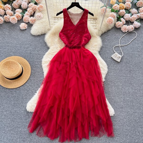 Niche V-neck Lace Patchwork Vest Dress