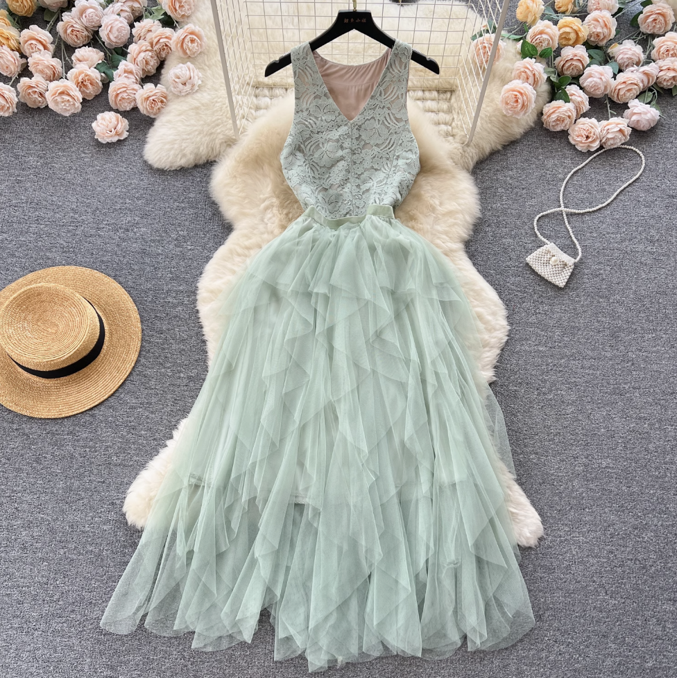 Niche V-neck Lace Patchwork Vest Dress