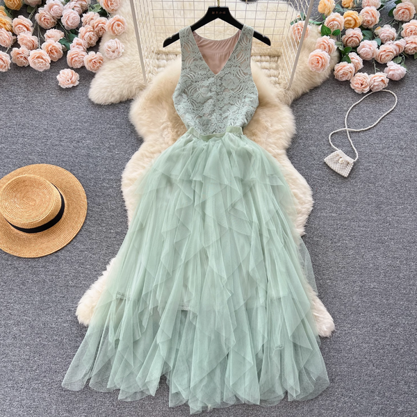 Niche V-neck Lace Patchwork Vest Dress
