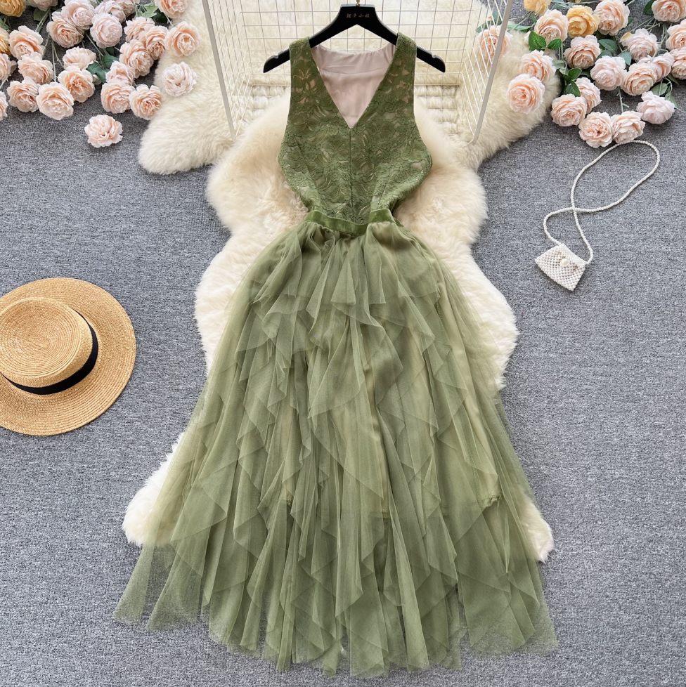 Niche V-neck Lace Patchwork Vest Dress