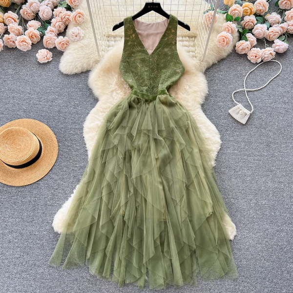 Niche V-neck Lace Patchwork Vest Dress