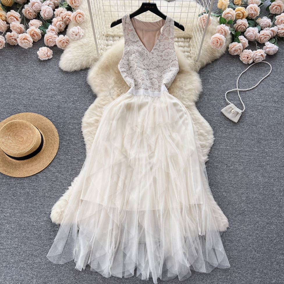 Niche V-neck Lace Patchwork Vest Dress