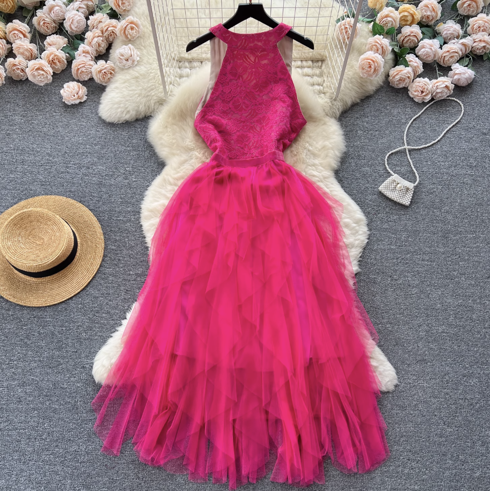 Niche V-neck Lace Patchwork Vest Dress