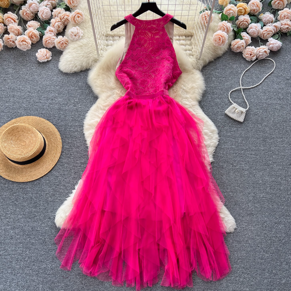 Niche V-neck Lace Patchwork Vest Dress