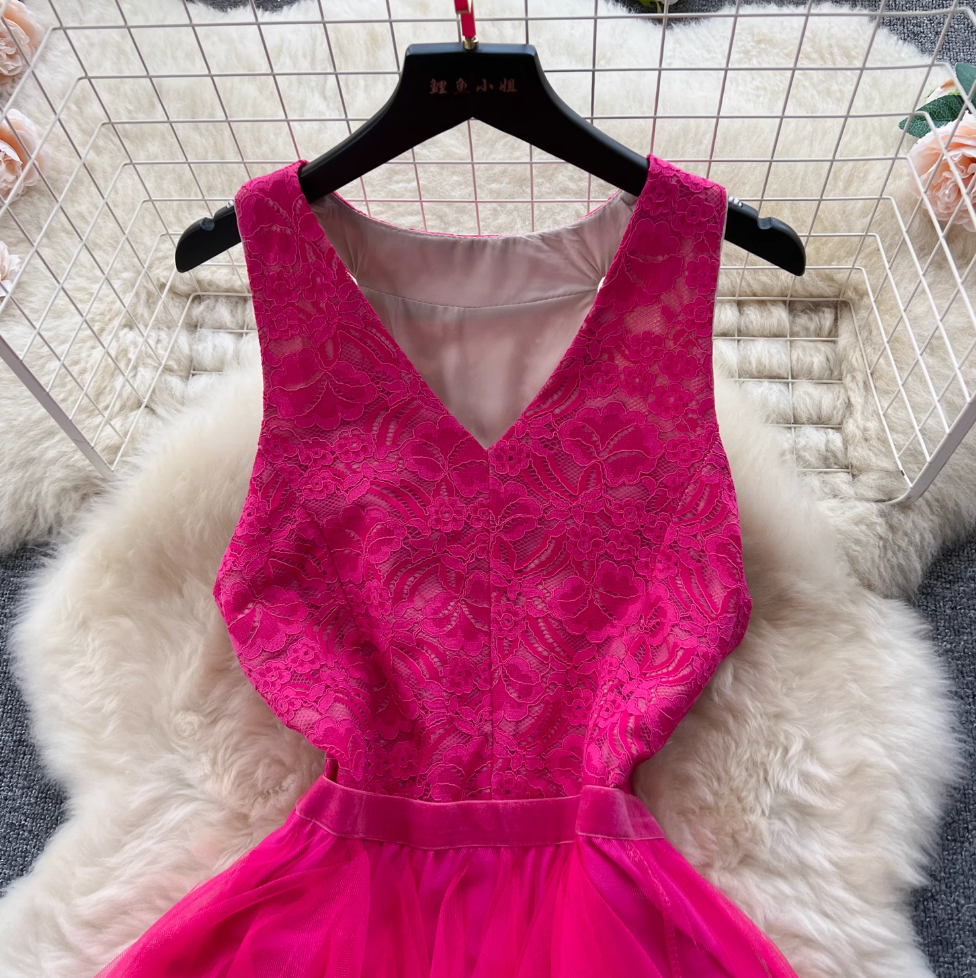 Niche V-neck Lace Patchwork Vest Dress