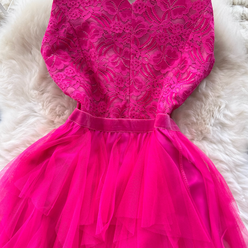 Niche V-neck Lace Patchwork Vest Dress