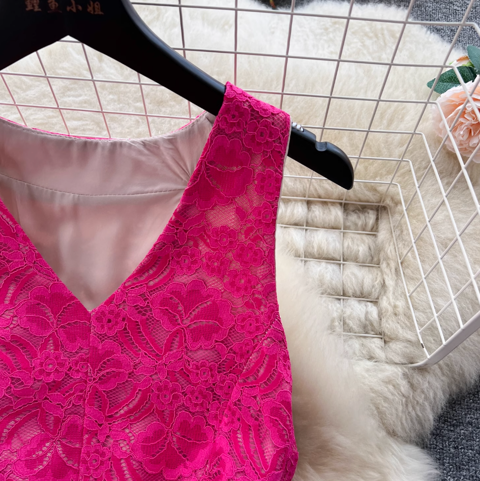 Niche V-neck Lace Patchwork Vest Dress