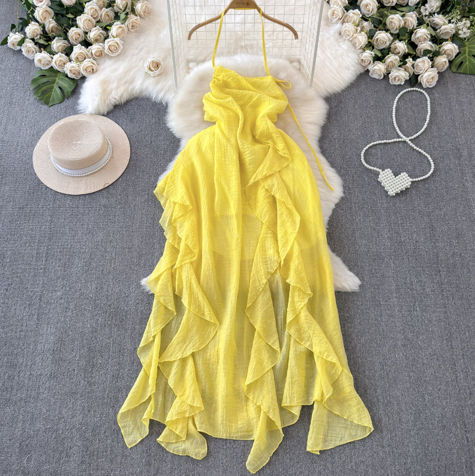 Fairy Yellow Ruffled Chiffon Slip Dress