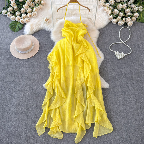 Fairy Yellow Ruffled Chiffon Slip Dress