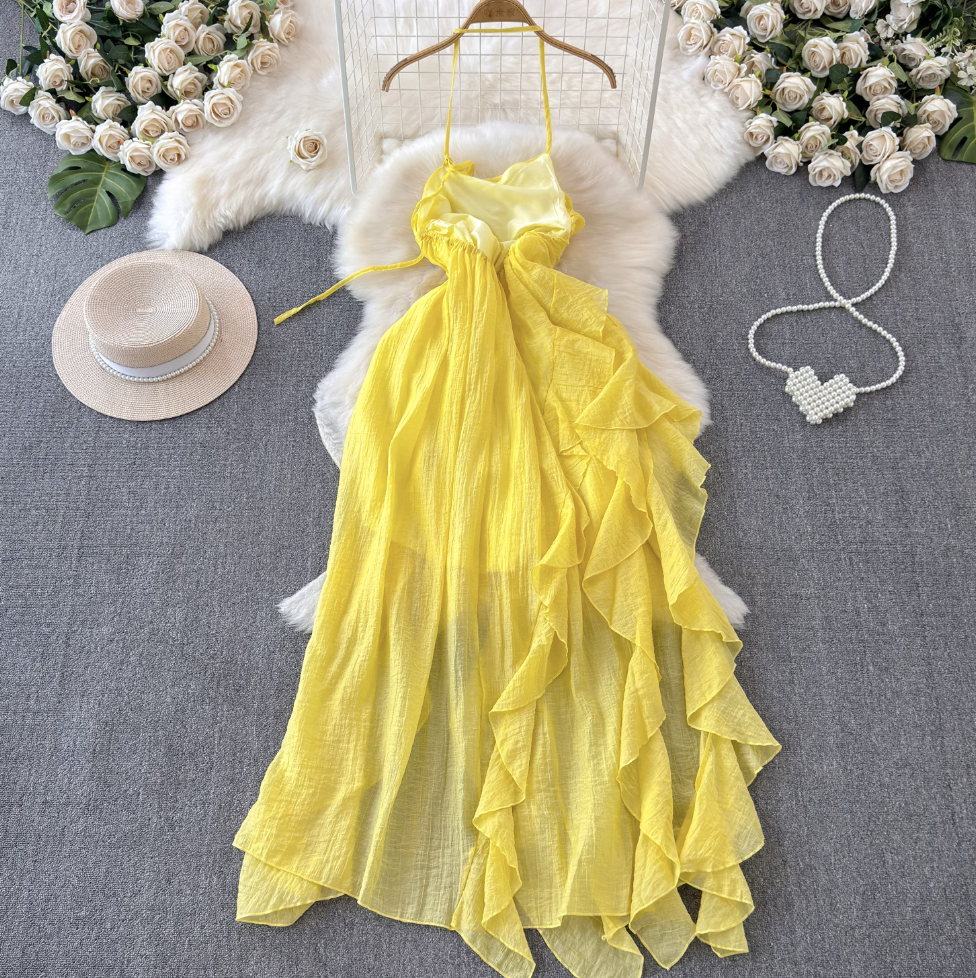 Fairy Yellow Ruffled Chiffon Slip Dress