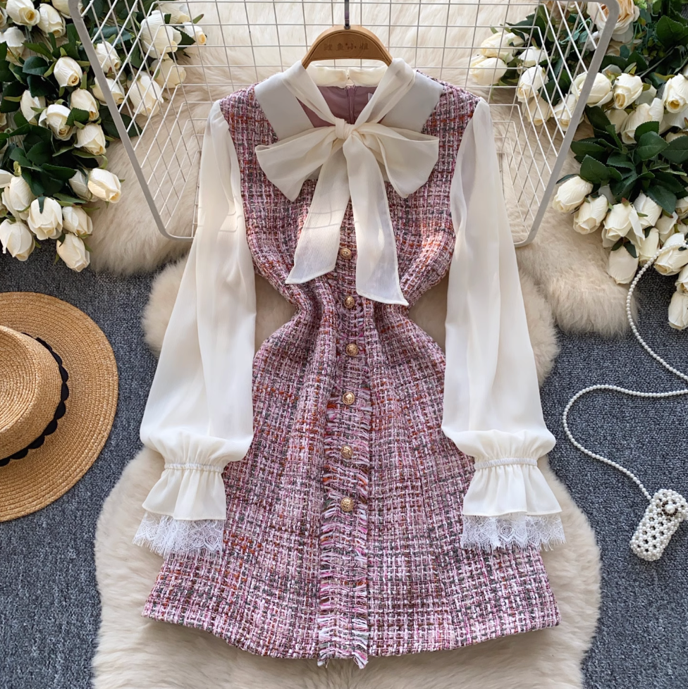 Elegant Bow-tie Mesh Tweed Dress