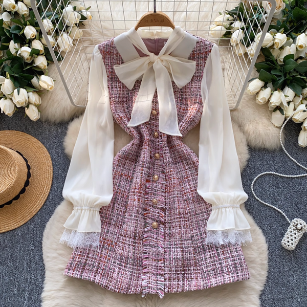 Elegant Bow-tie Mesh Tweed Dress