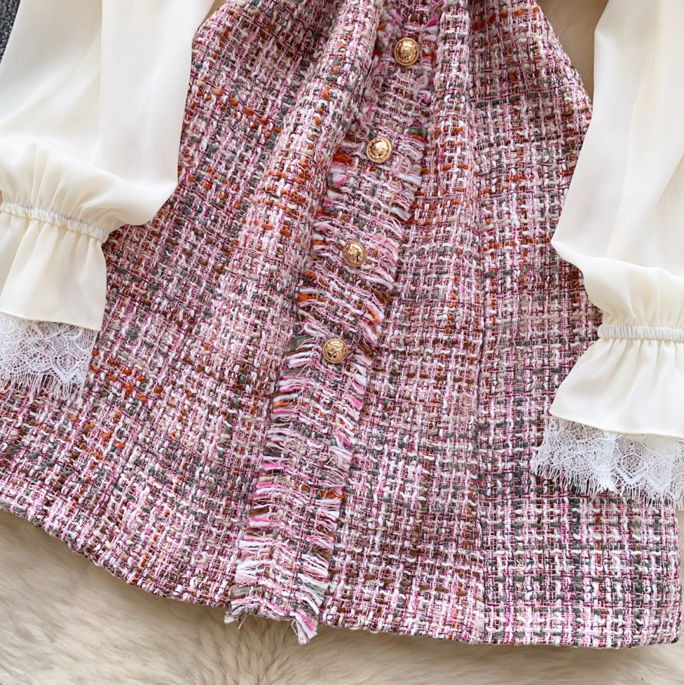 Elegant Bow-tie Mesh Tweed Dress