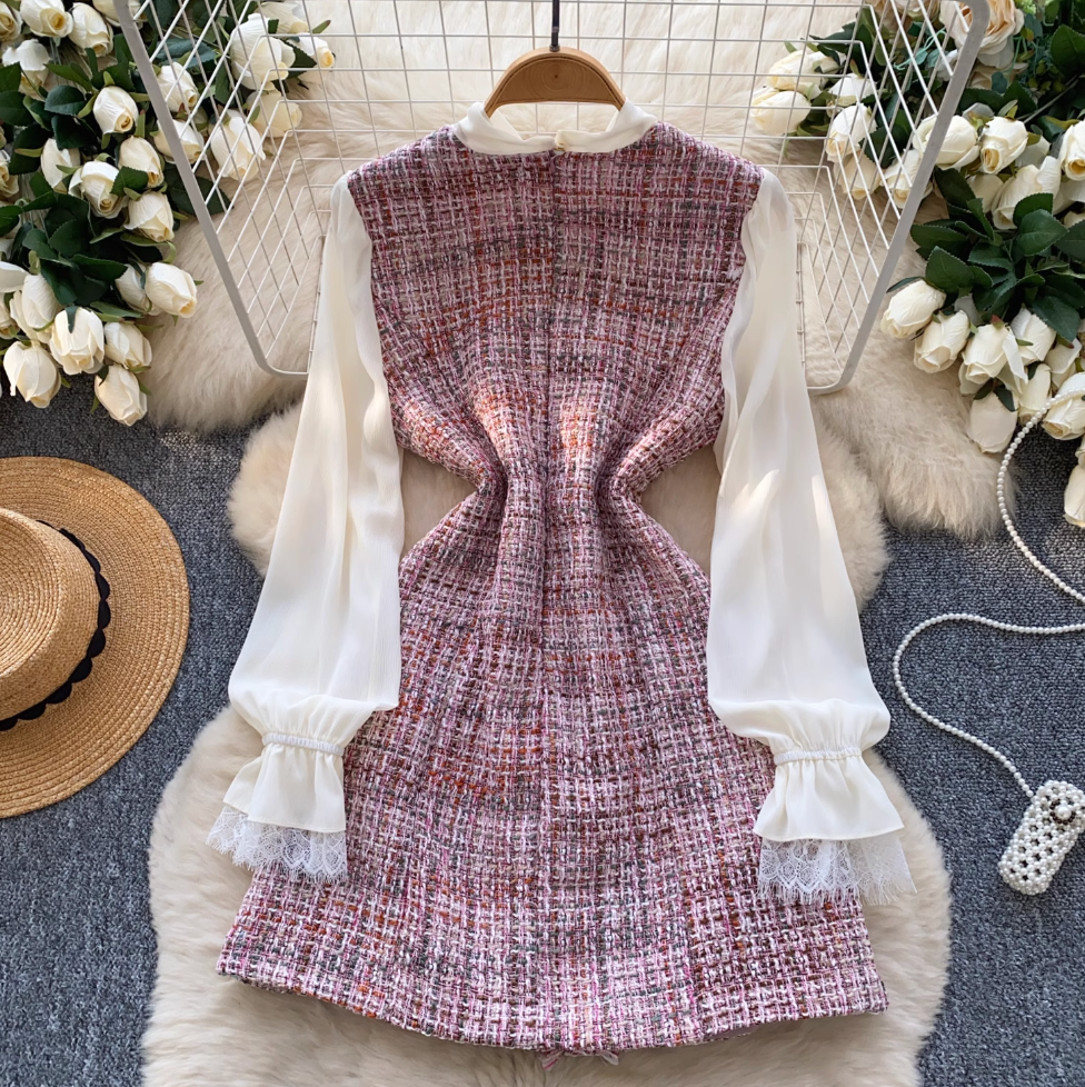 Elegant Bow-tie Mesh Tweed Dress