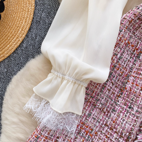 Elegant Bow-tie Mesh Tweed Dress