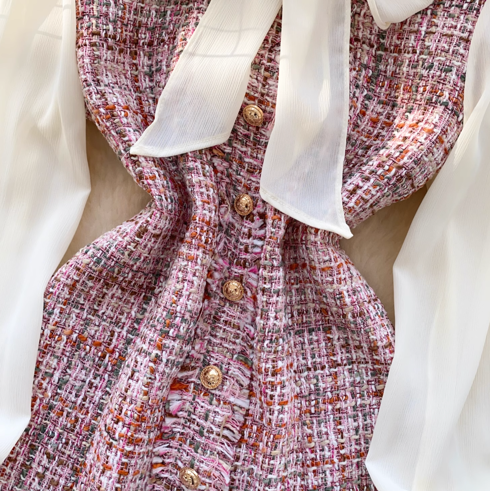 Elegant Bow-tie Mesh Tweed Dress