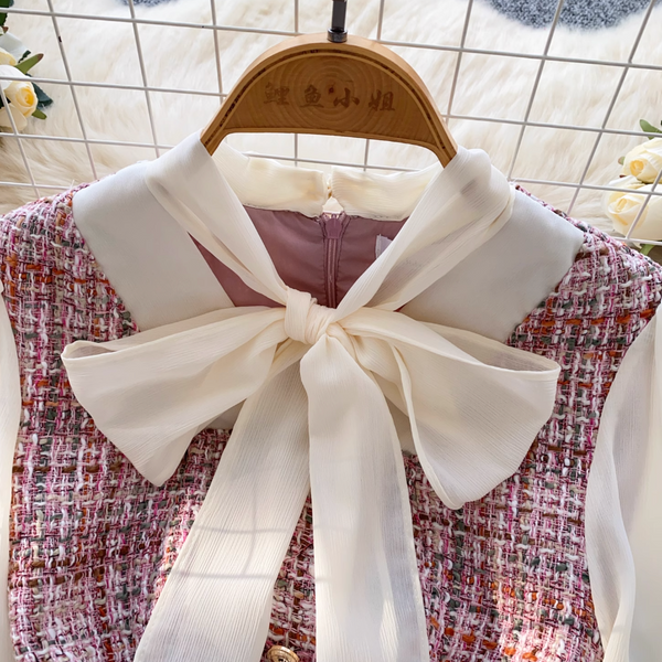 Elegant Bow-tie Mesh Tweed Dress