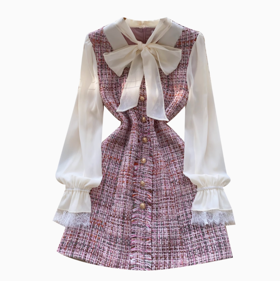 Elegant Bow-tie Mesh Tweed Dress