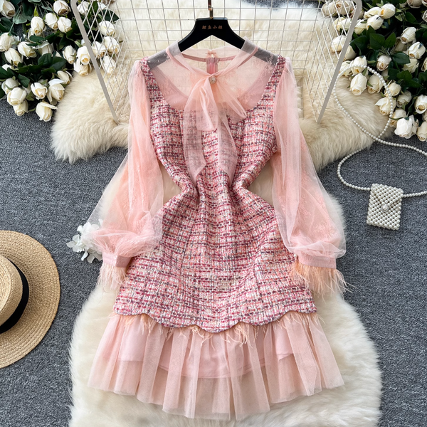 Vintage Bow-tie Mesh Sleeve Tweed Dress