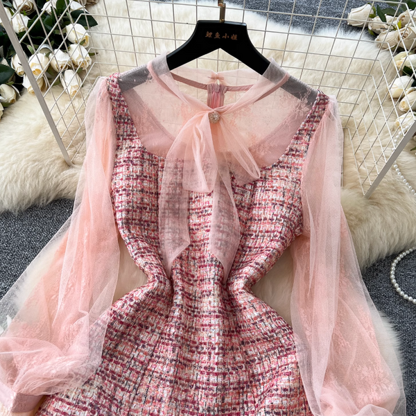 Vintage Bow-tie Mesh Sleeve Tweed Dress