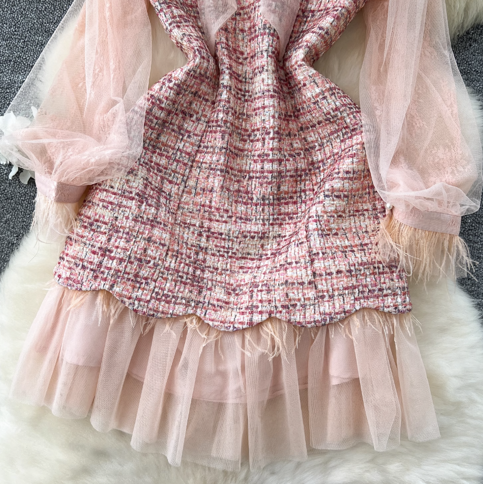 Vintage Bow-tie Mesh Sleeve Tweed Dress