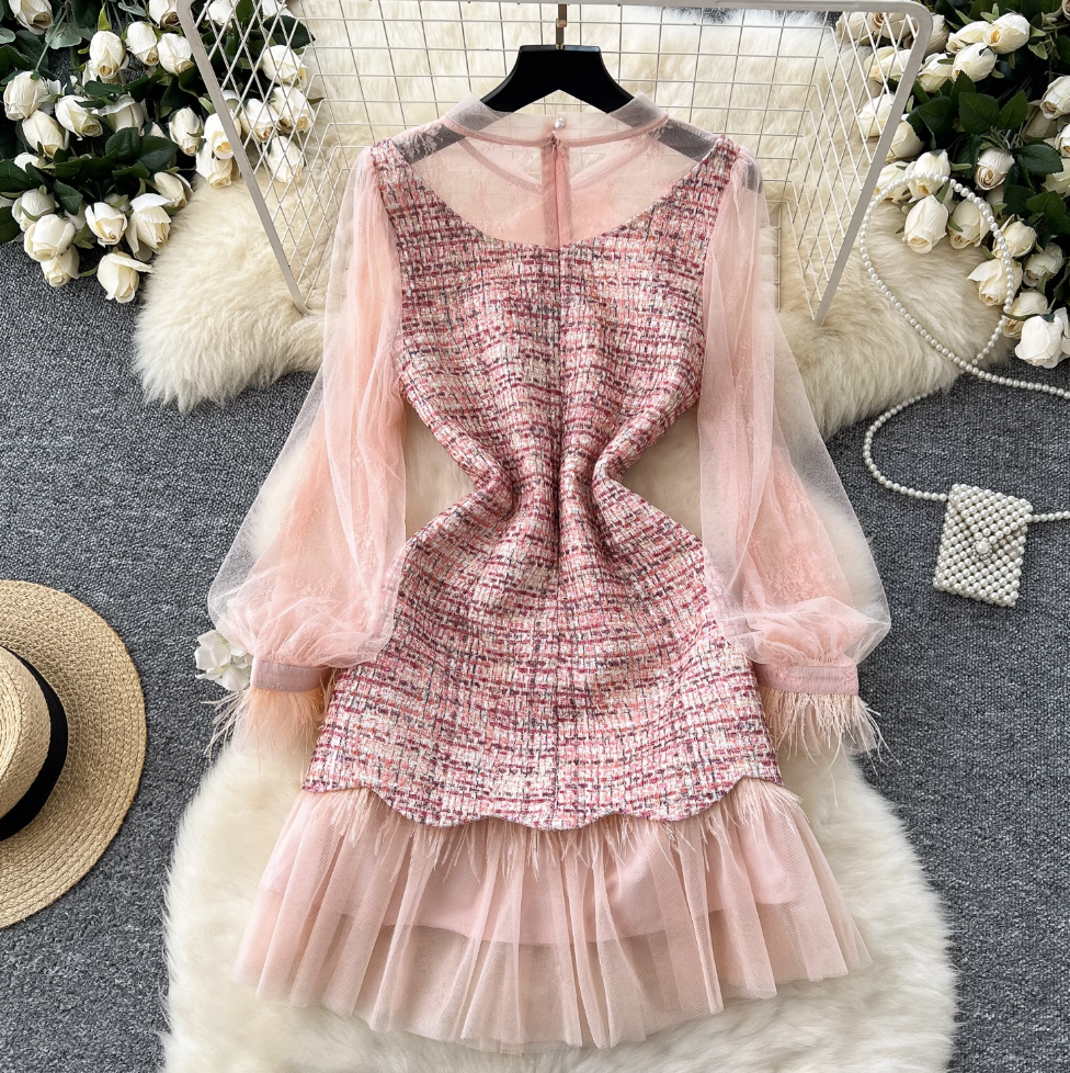 Vintage Bow-tie Mesh Sleeve Tweed Dress