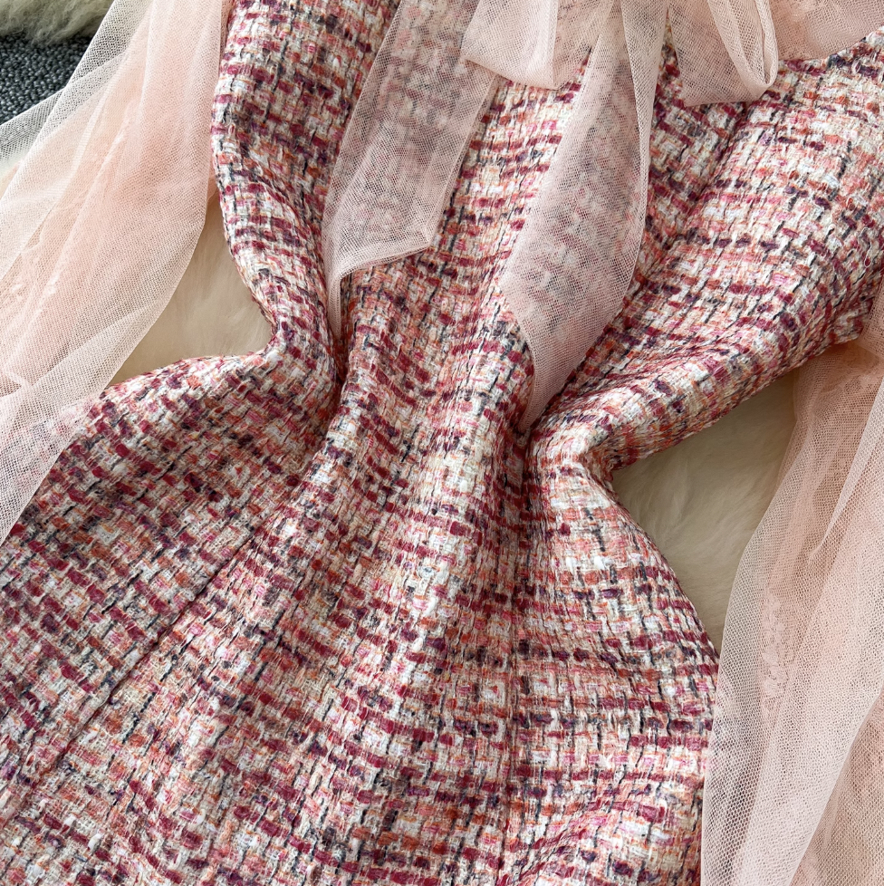 Vintage Bow-tie Mesh Sleeve Tweed Dress