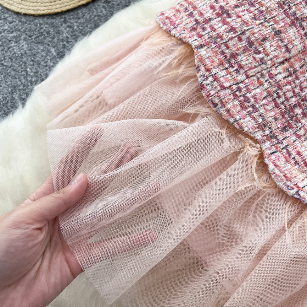 Vintage Bow-tie Mesh Sleeve Tweed Dress
