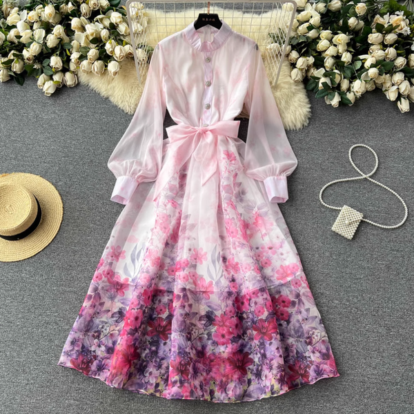 Vintage Stand Collar Floral Shirt Dress