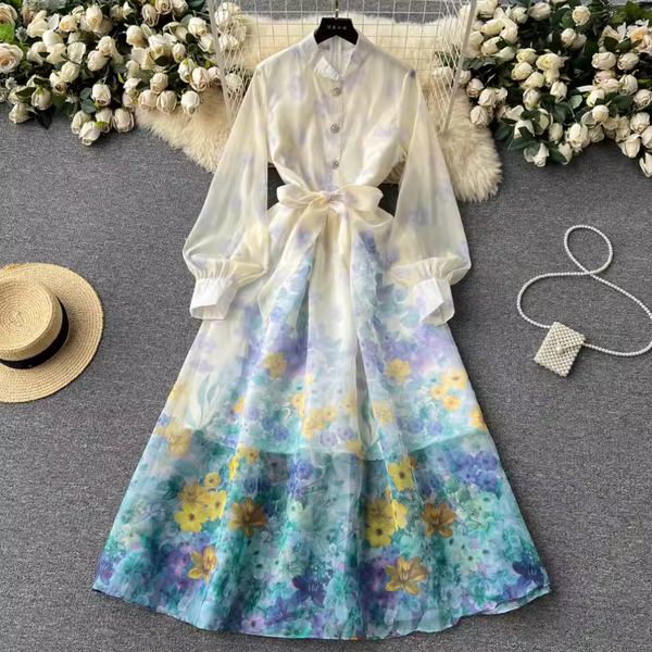 Vintage Stand Collar Floral Shirt Dress