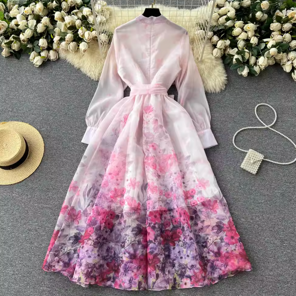 Vintage Stand Collar Floral Shirt Dress
