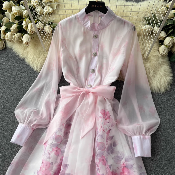 Vintage Stand Collar Floral Shirt Dress