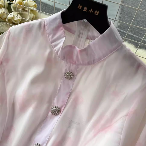 Vintage Stand Collar Floral Shirt Dress