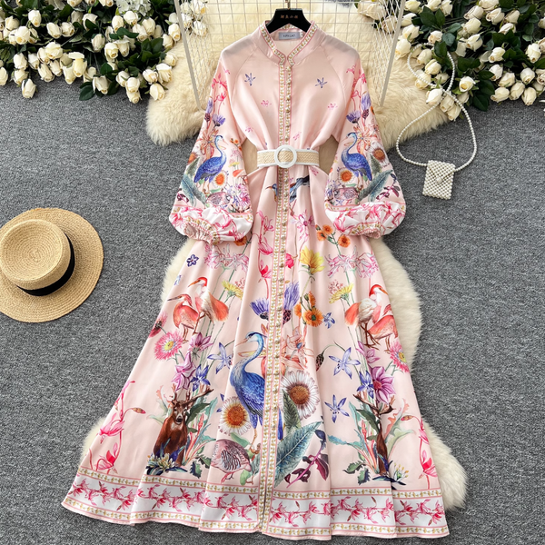 Courtly Single-breasted Floral Shirt Dress