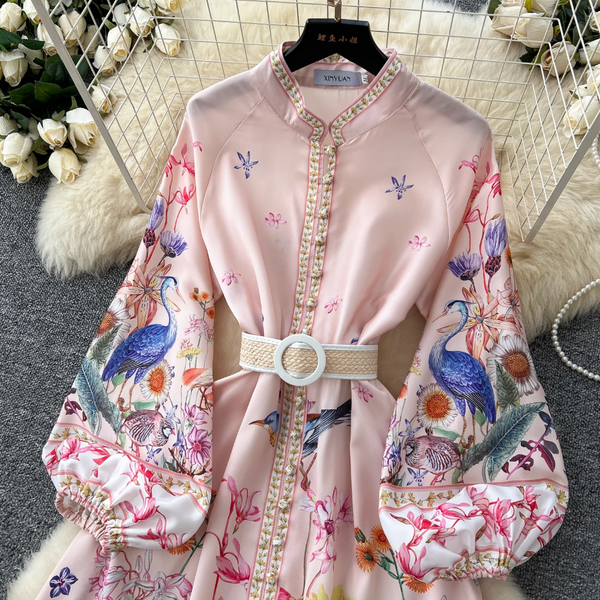 Courtly Single-breasted Floral Shirt Dress